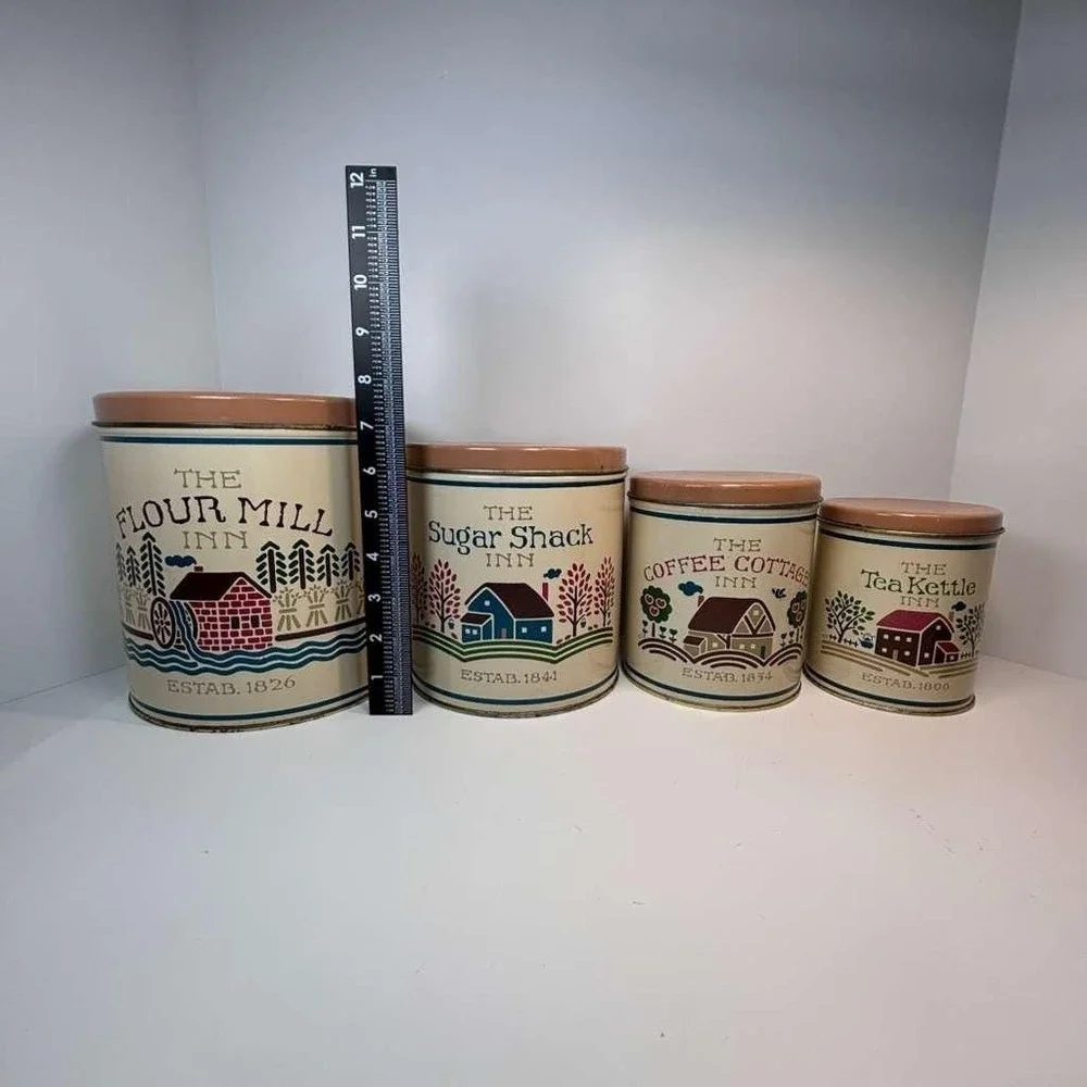 Vtg Metal Tin Canisters Set of 4 Nesting Storage‎ containers Rustic country
